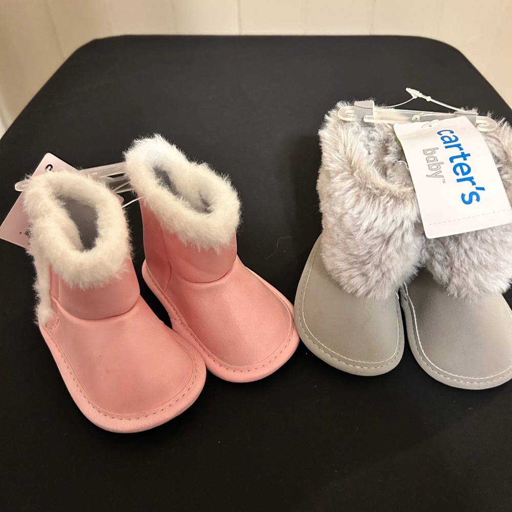 NWT Two Pr Carter's Pink and Gray Baby Booties Size 0-3 Months